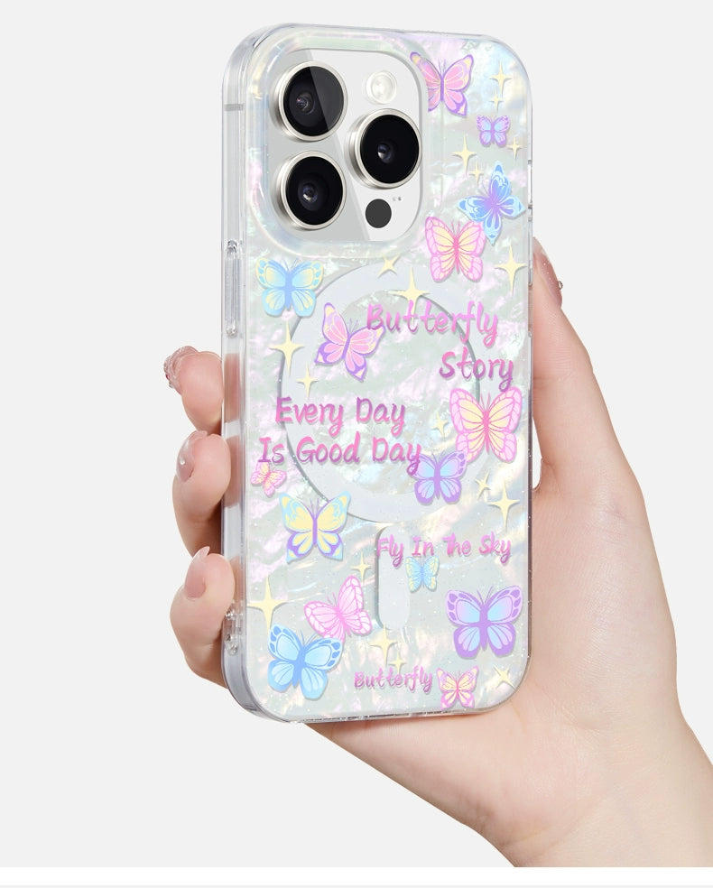 iCraftPro | Dreamy Butterfly Case with Colorful Pearlescent Texture for iPhone 12 to 17 Pro Max. Magnetic, Unique Chic.