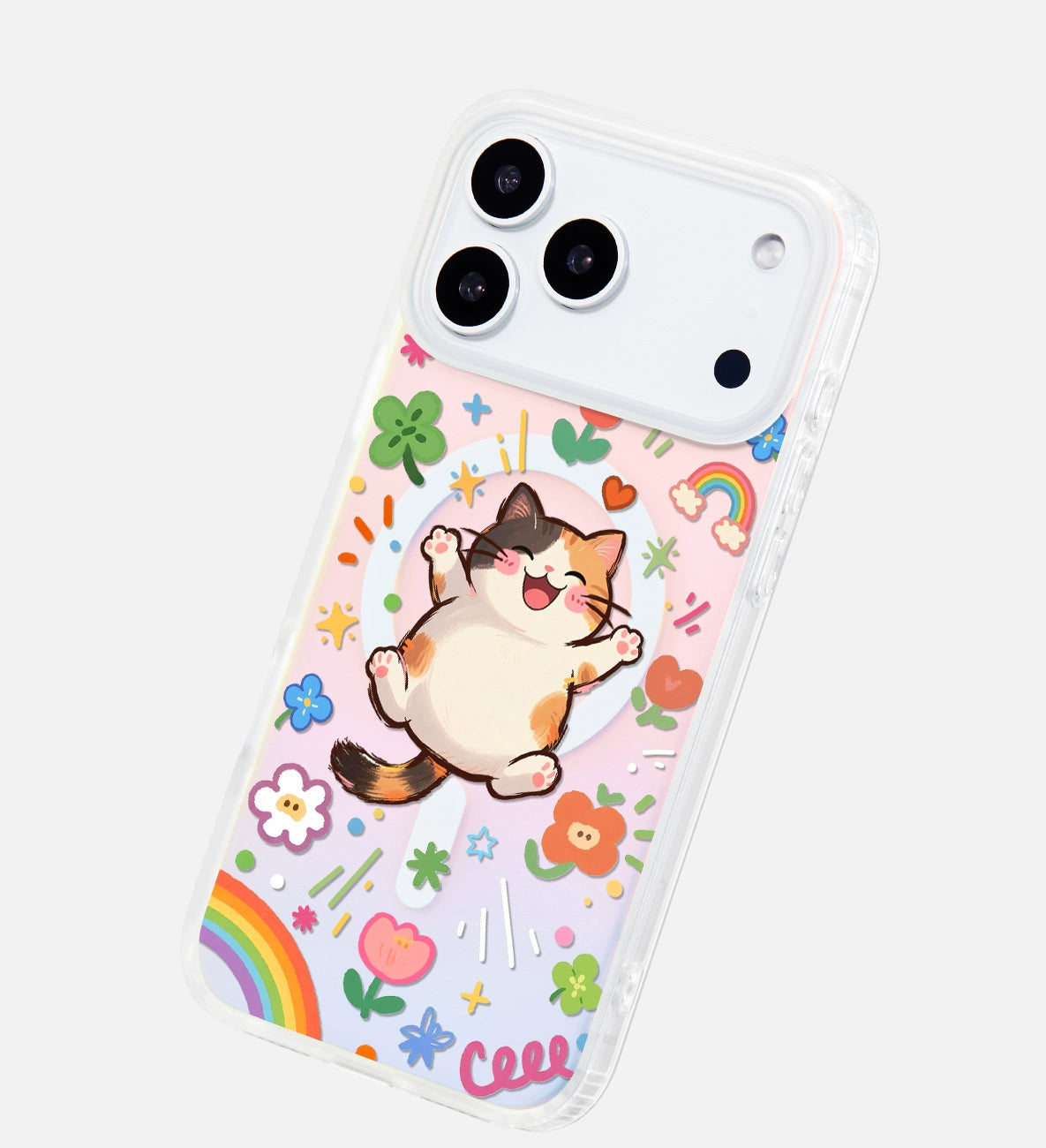 iCraftPro | Dopamine Cartoon Kitty Magnetic Case for iPhone 12-17 Pro Max, Holographic Cover with Lanyard