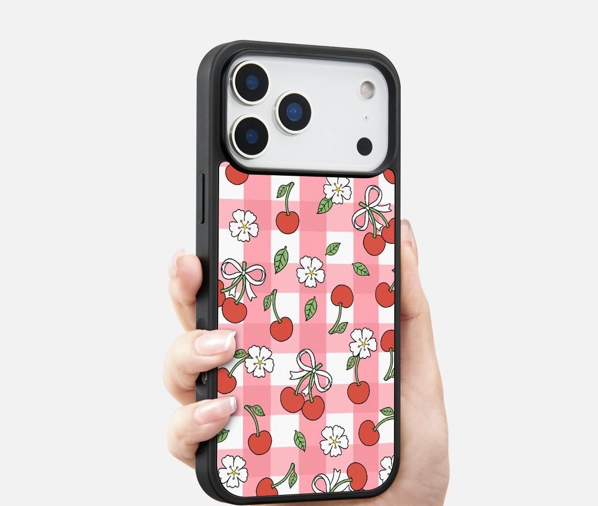 iCraftPro | Matte Magnetic Case with Plaid Cherry Design for iPhone 12/13/14/15/16 Pro/17 Pro Max. Unique & Chic.