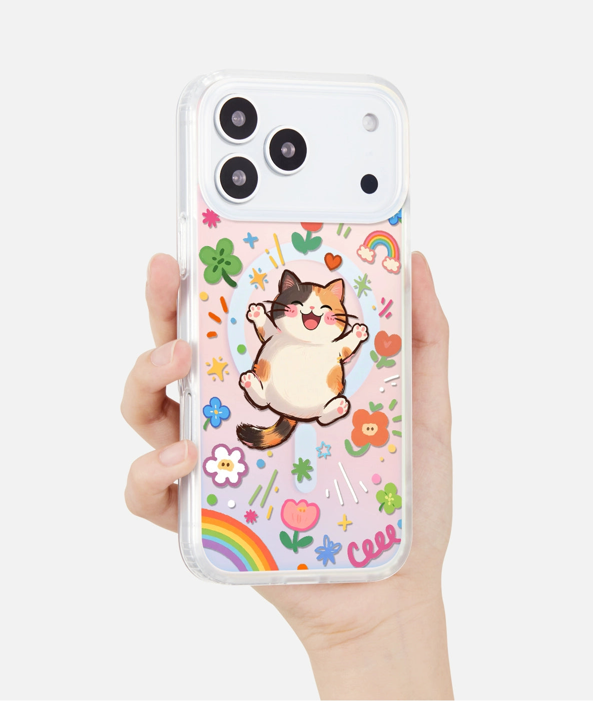 iCraftPro | Dopamine Cartoon Kitty Magnetic Case for iPhone 12-17 Pro Max, Holographic Cover with Lanyard