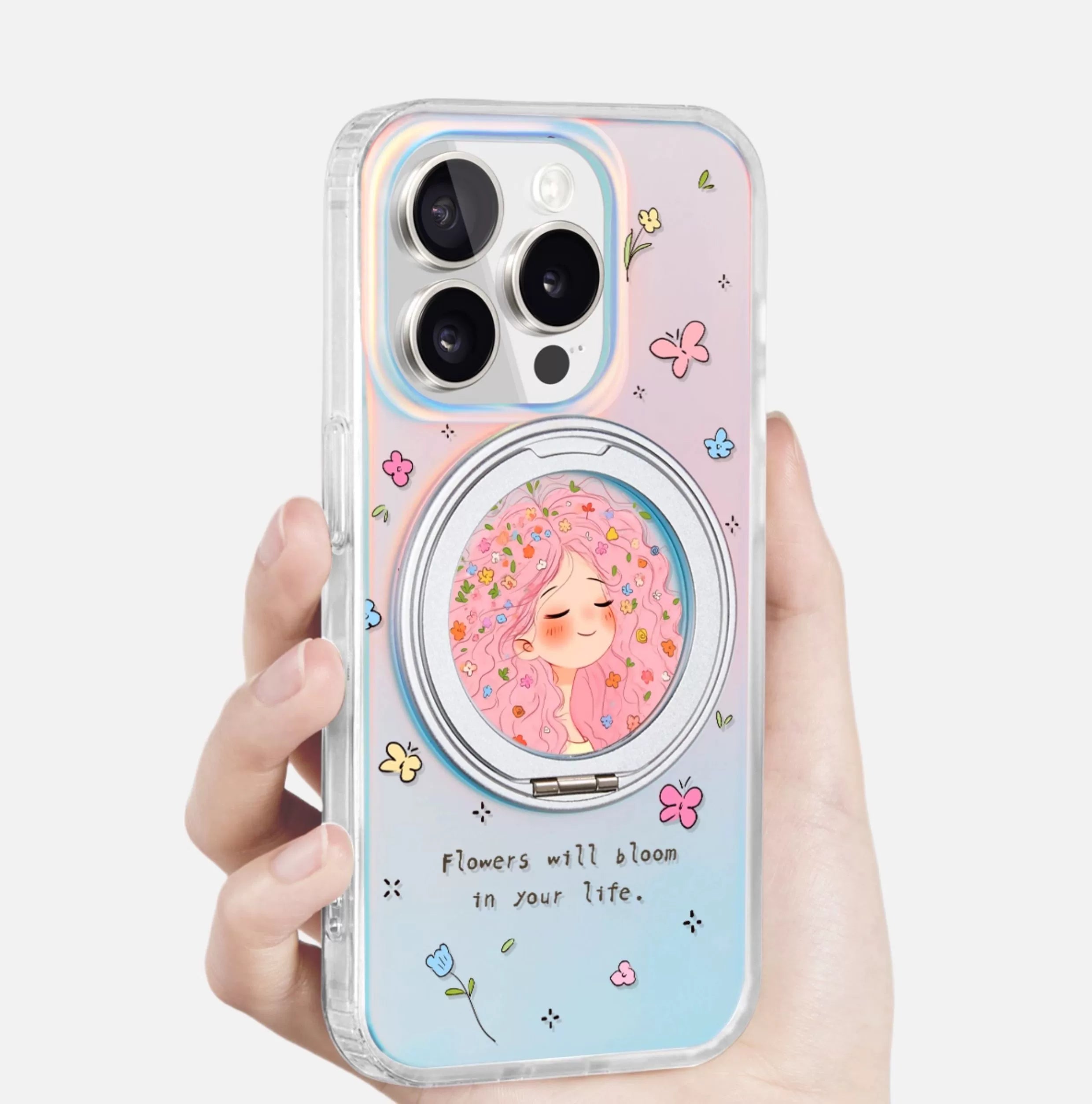 iCraftPro | Magnetic Stand Case for iPhone 13-17 Pro Max | Shockproof, Laser Gradient & Artistic Cartoon Design for Creative Girls