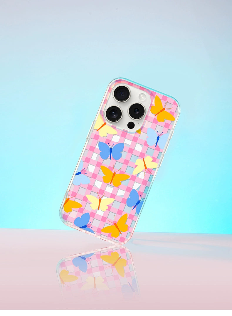 iCraftPro | Magnetic Case with Plaid & Butterflies for iPhone 12-17 Pro Max, Holographic Finish