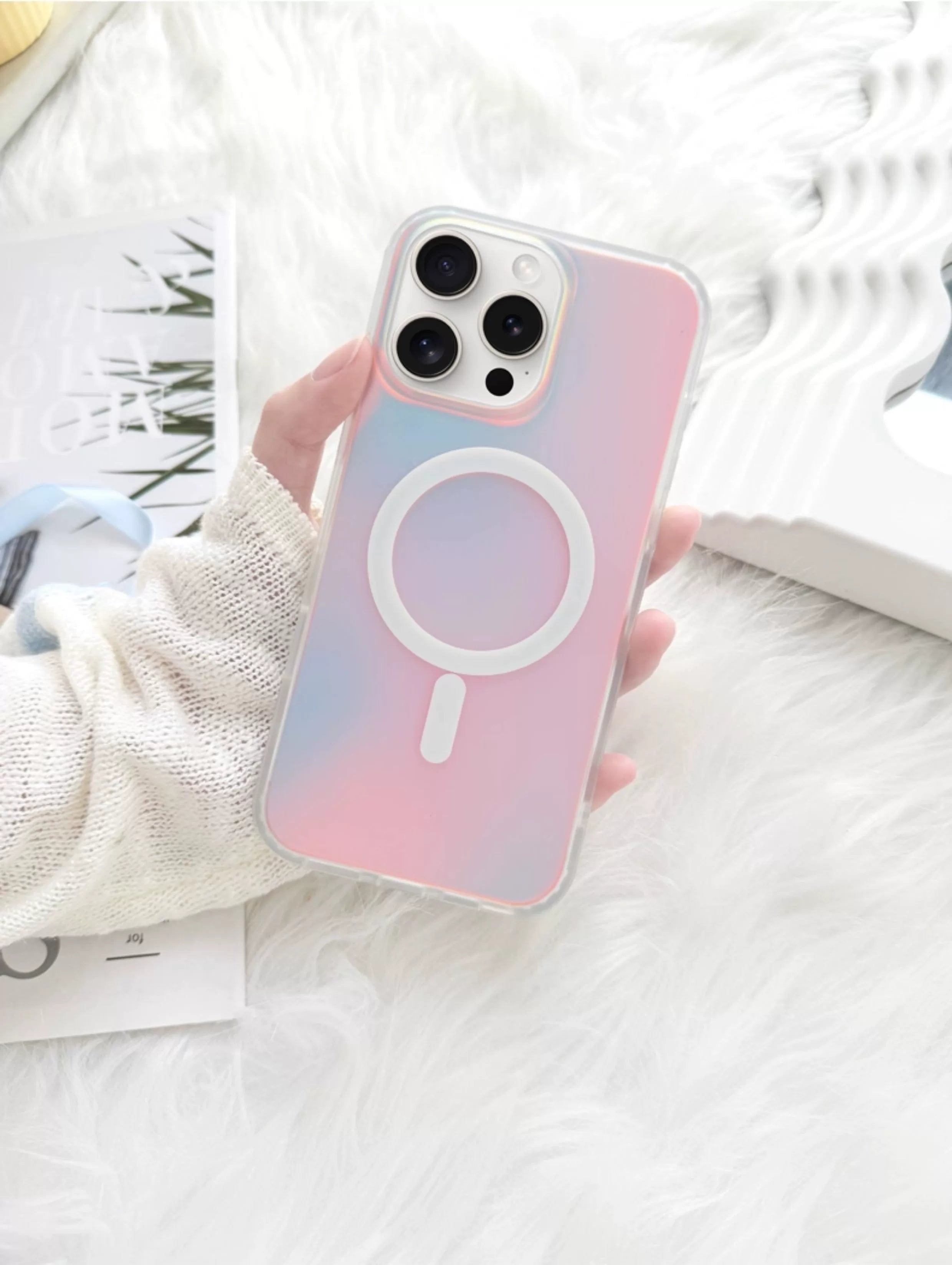 iCraftPro | Magnetic Laser Gradient Case with Lanyard for iPhone 17ProMax/16Pro/15/14/13/12, Frosted Pink Design