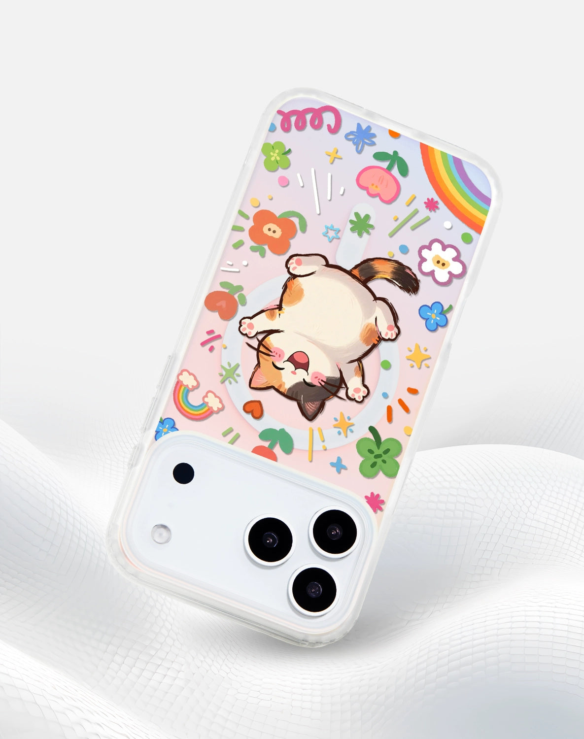 iCraftPro | Dopamine Cartoon Kitty Magnetic Case for iPhone 12-17 Pro Max, Holographic Cover with Lanyard