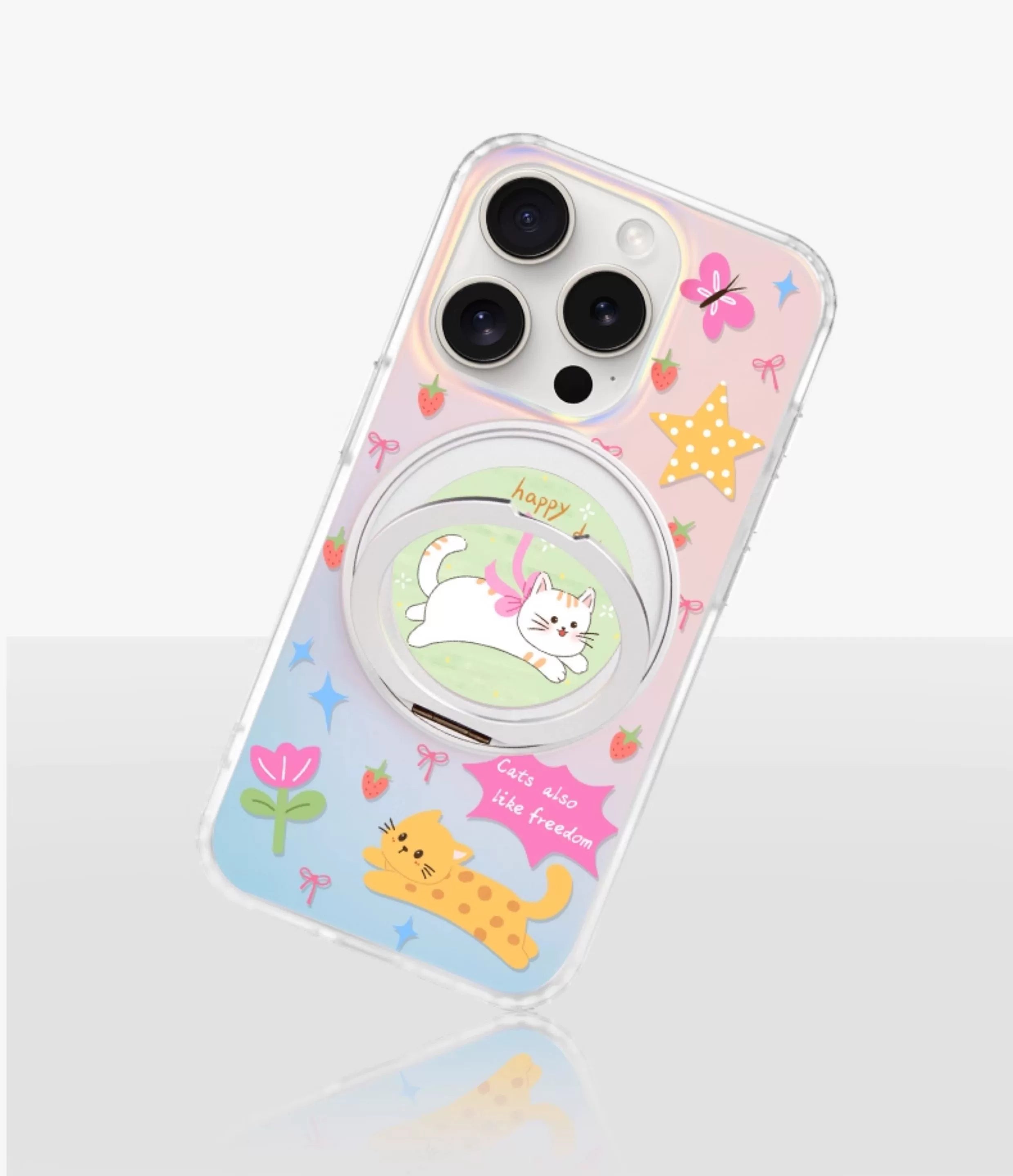 iCraftPro | Magnetic Phone Case with Stand for iPhone 13-17 Pro/Pro Max | Laser Gradient & Cute Cat Design