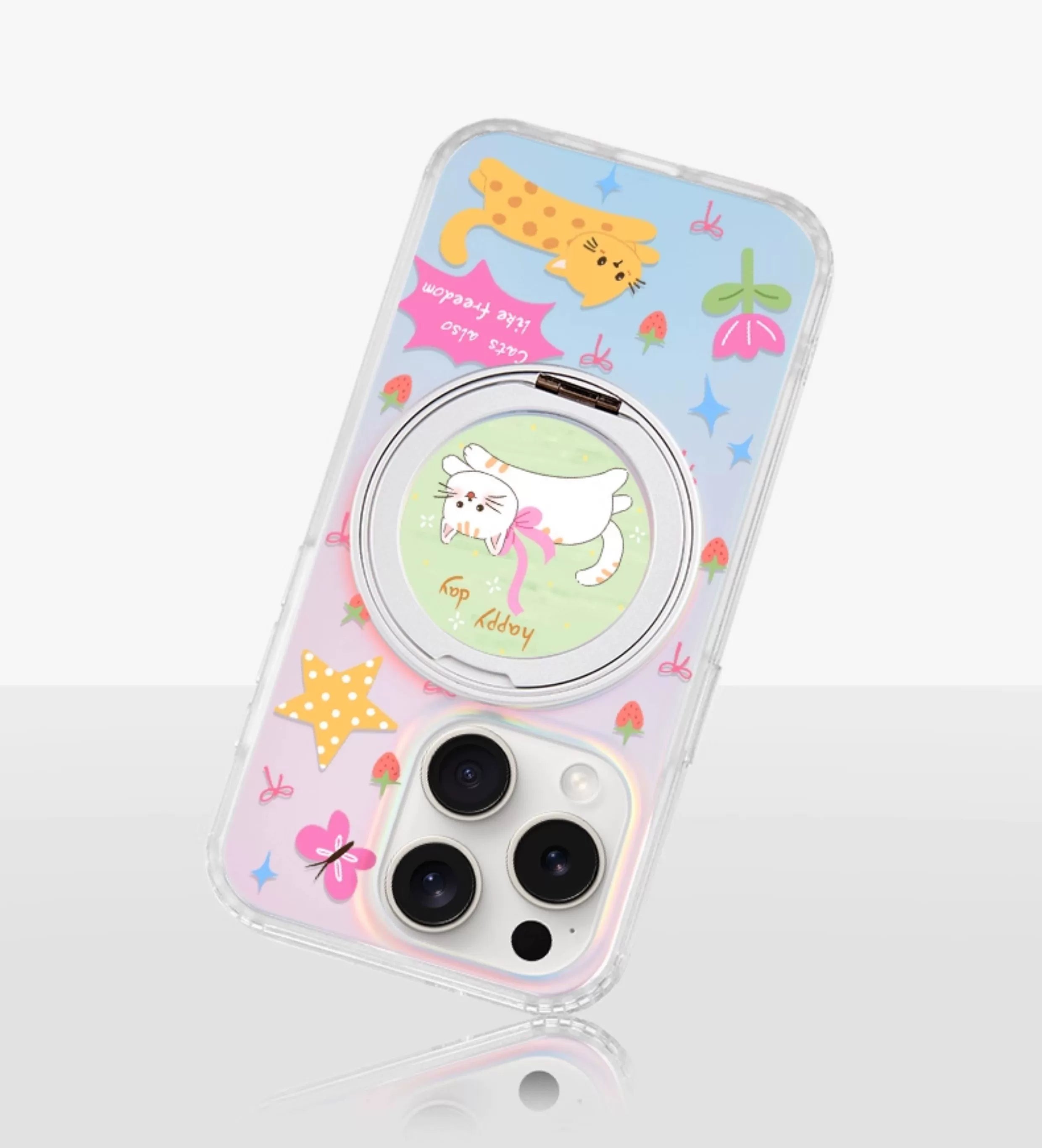 iCraftPro | Magnetic Phone Case with Stand for iPhone 13-17 Pro/Pro Max | Laser Gradient & Cute Cat Design