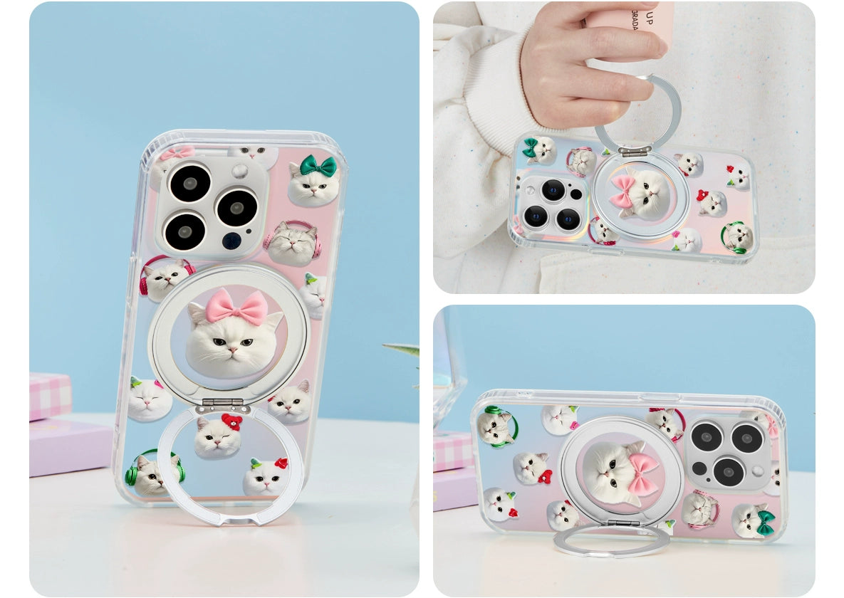 iCraftPro | Magnetic Stand Case with Cat Stickers: Shockproof for iPhone 13-17 Pro Max | Gradient Laser & Cute Design