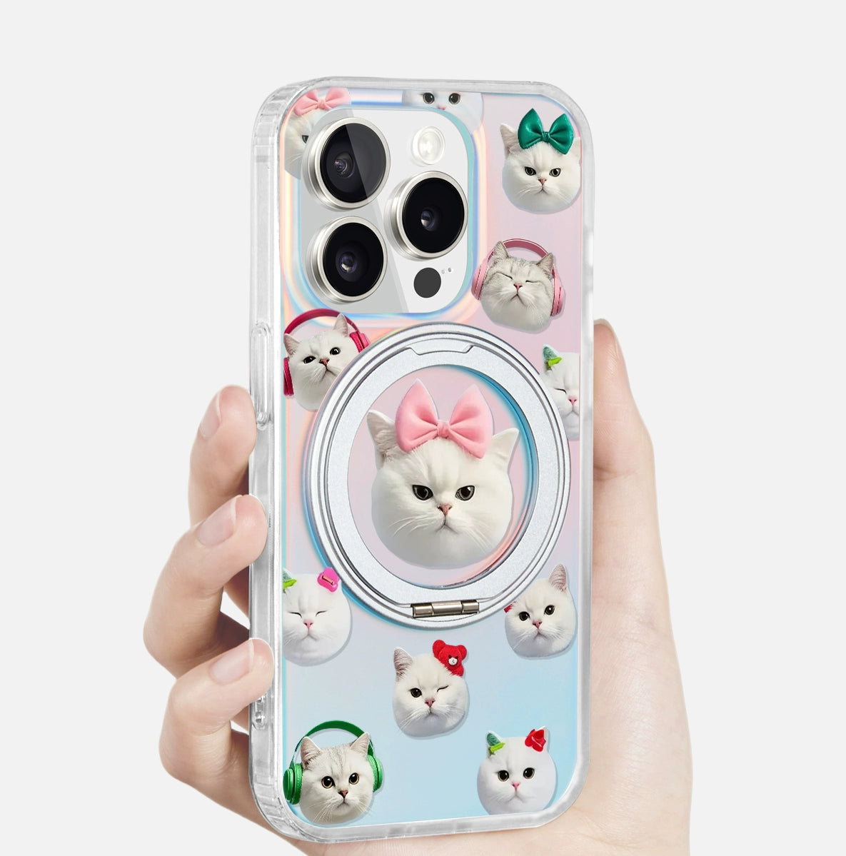 iCraftPro | Magnetic Stand Case with Cat Stickers: Shockproof for iPhone 13-17 Pro Max | Gradient Laser & Cute Design