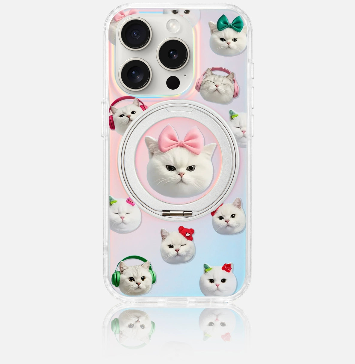 iCraftPro | Magnetic Stand Case with Cat Stickers: Shockproof for iPhone 13-17 Pro Max | Gradient Laser & Cute Design