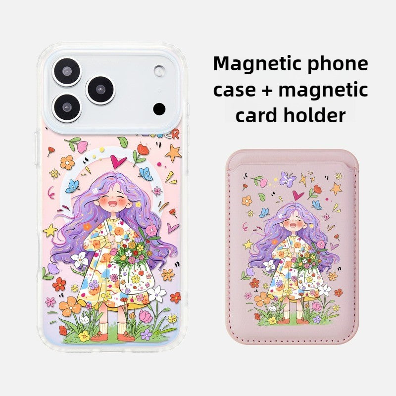 iCraftPro | Magnetic Gradient Holographic Case with Lanyard for iPhone 17 Pro Max - Unique Cartoon Girl Design