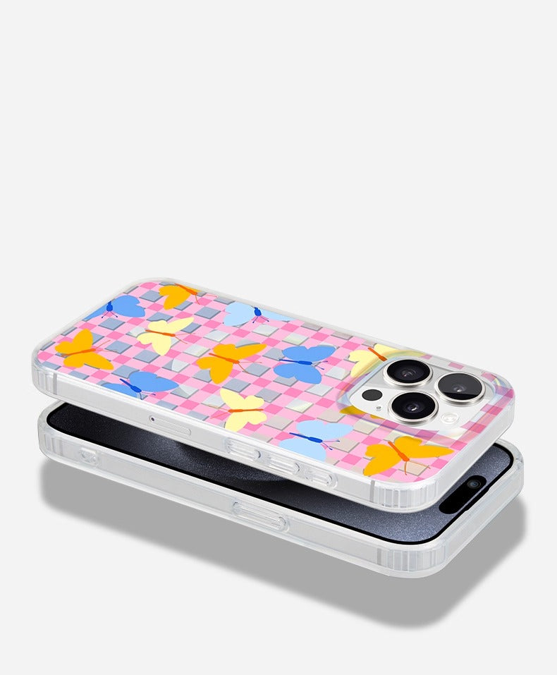 iCraftPro | Magnetic Case with Plaid & Butterflies for iPhone 12-17 Pro Max, Holographic Finish