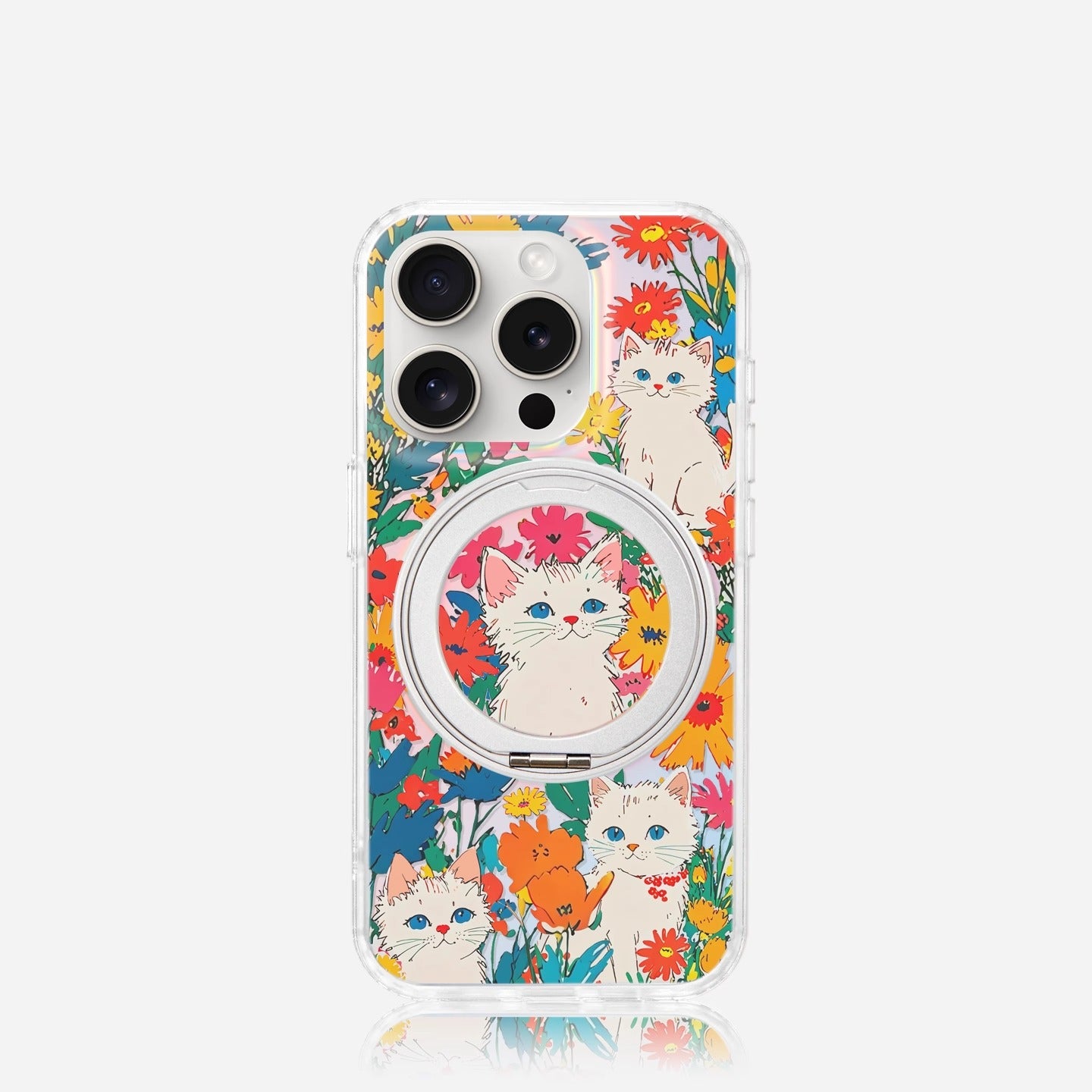 iCraftPro | iPhone 12-17 Pro Max Case with Stand, Magnetic, Vintage Floral Cat, Gradient Holographic, Drop-Proof