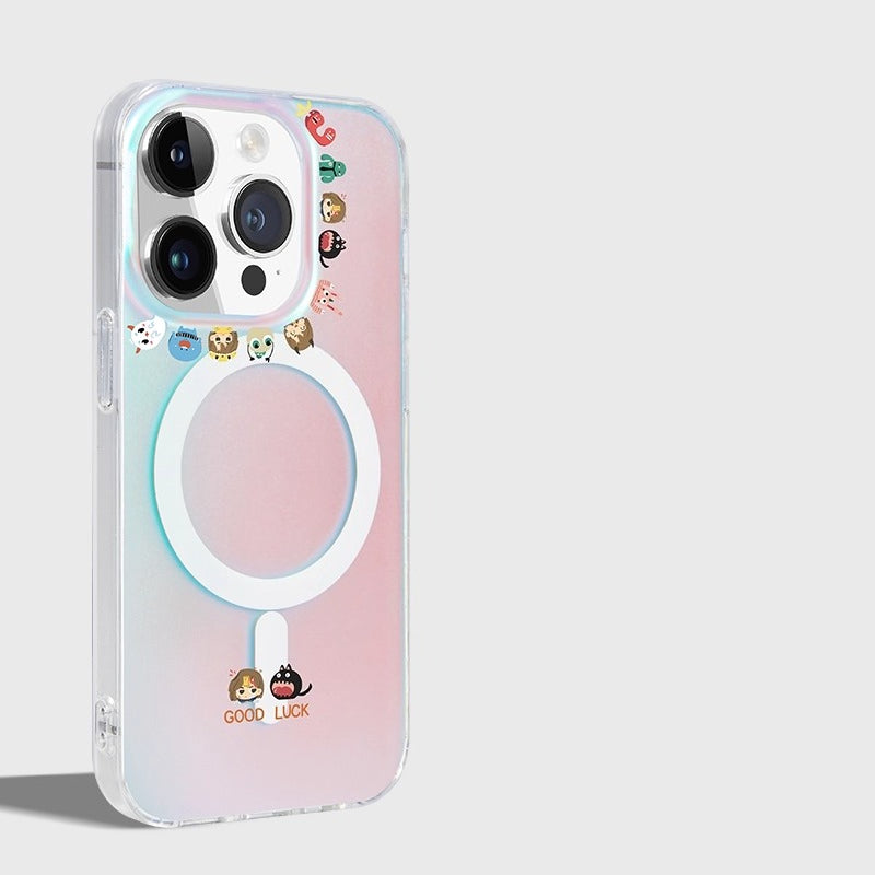 iCraftPro | Shockproof Matte Holographic iPhone Case with Cute Cartoon Design - Color Shifting & Magnetic for iPhone 12 to 17 Pro Max