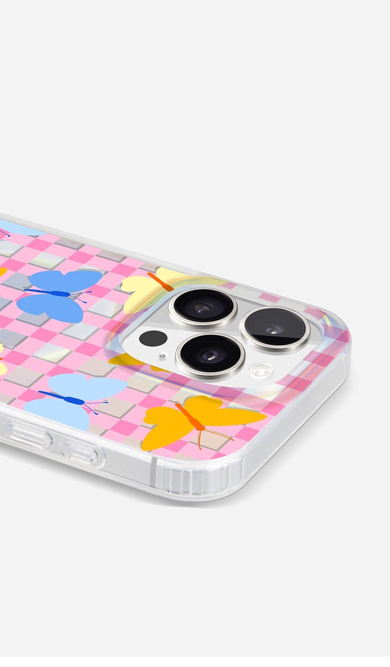 iCraftPro | Magnetic Case with Plaid & Butterflies for iPhone 12-17 Pro Max, Holographic Finish