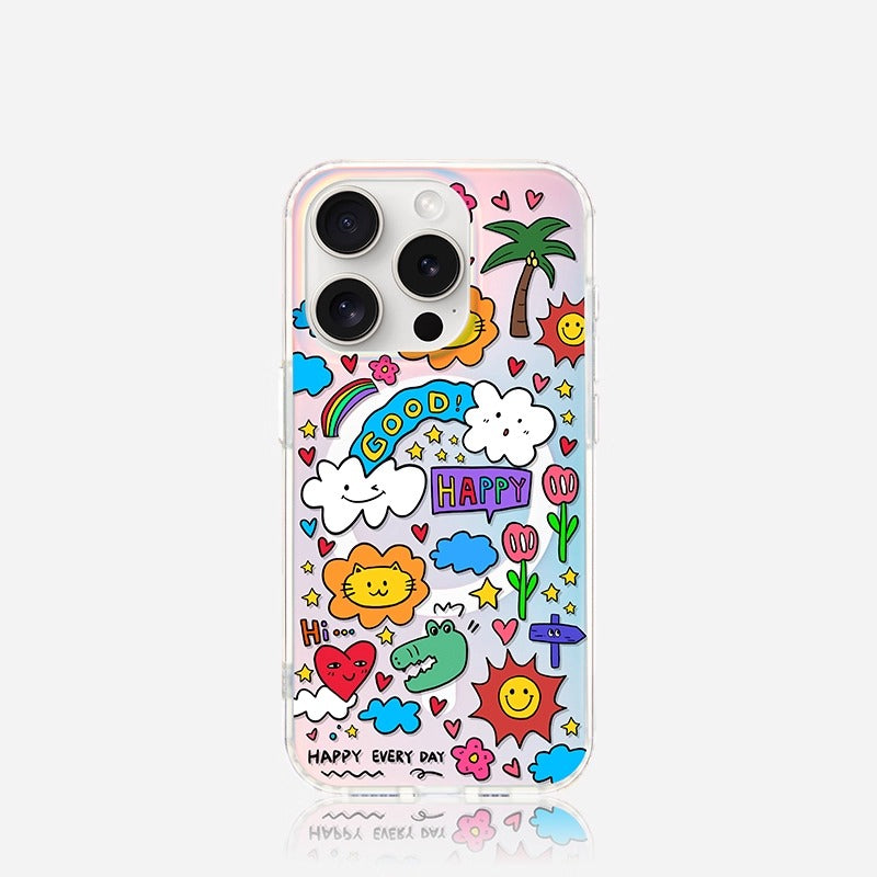 iCraftPro | Magnetic Case for iPhone 12-17 Pro Max | Cartoon "Happy Paradise" Design with Laser Gradient, Cute & Protective