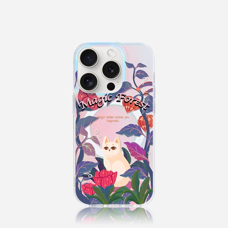 iCraftPro | Summer Floral and Forest Cat Case for iPhone 12-17 Pro Max - Unique Magnetic Holographic Cover