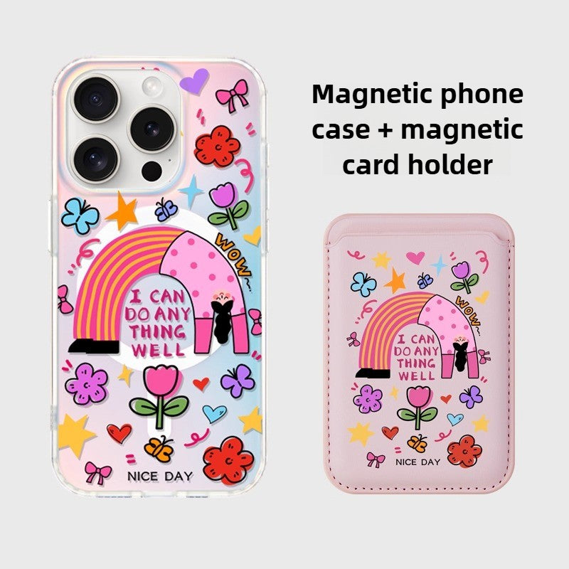 iCraftPro | Magnetic Holographic Case with Lanyard for iPhone 12/13/14/15/16 Pro/17 Pro Max. Creative Cartoon Girl Design.
