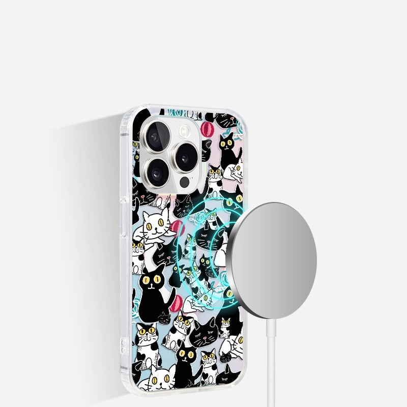 iCraftPro | Magnetic Holographic Case with Strap, for iPhone 12/13/14/15/16 Pro/17 Pro Max. Cute Cartoon Cat Design.
