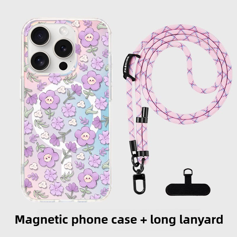 iCraftPro | Drop-Proof Magnetic Case for iPhone 12-17 Pro Max, with Creative Smiling Flower Design, Gradient Holographic Finish and Lanyard.