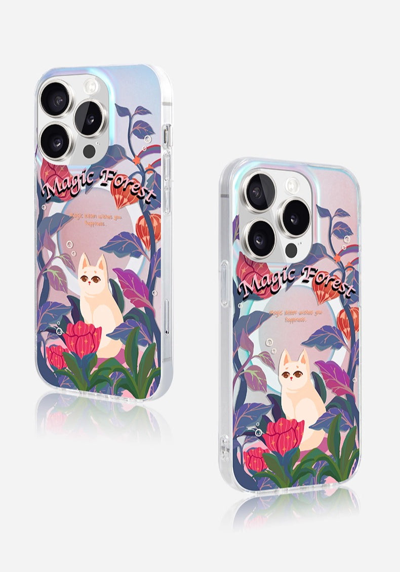 iCraftPro | Summer Floral and Forest Cat Case for iPhone 12-17 Pro Max - Unique Magnetic Holographic Cover