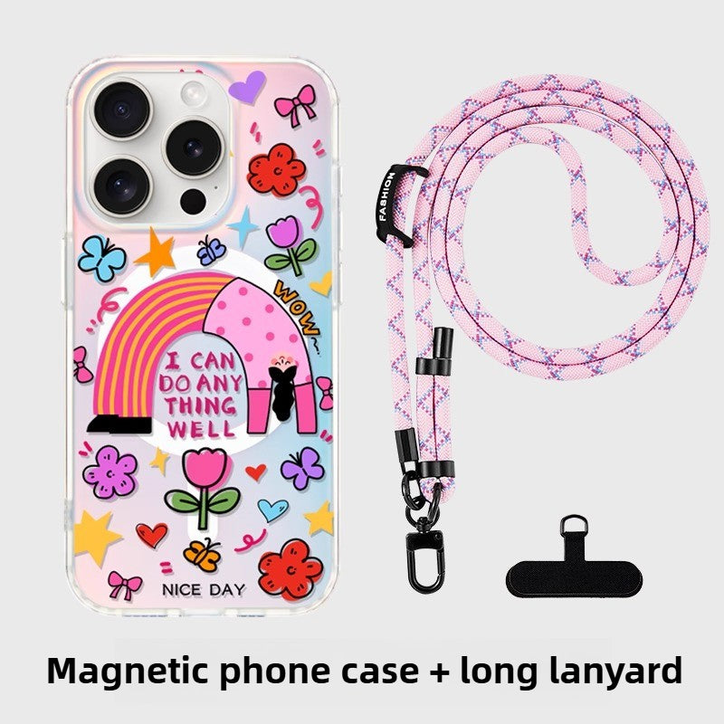 iCraftPro | Magnetic Holographic Case with Lanyard for iPhone 12/13/14/15/16 Pro/17 Pro Max. Creative Cartoon Girl Design.