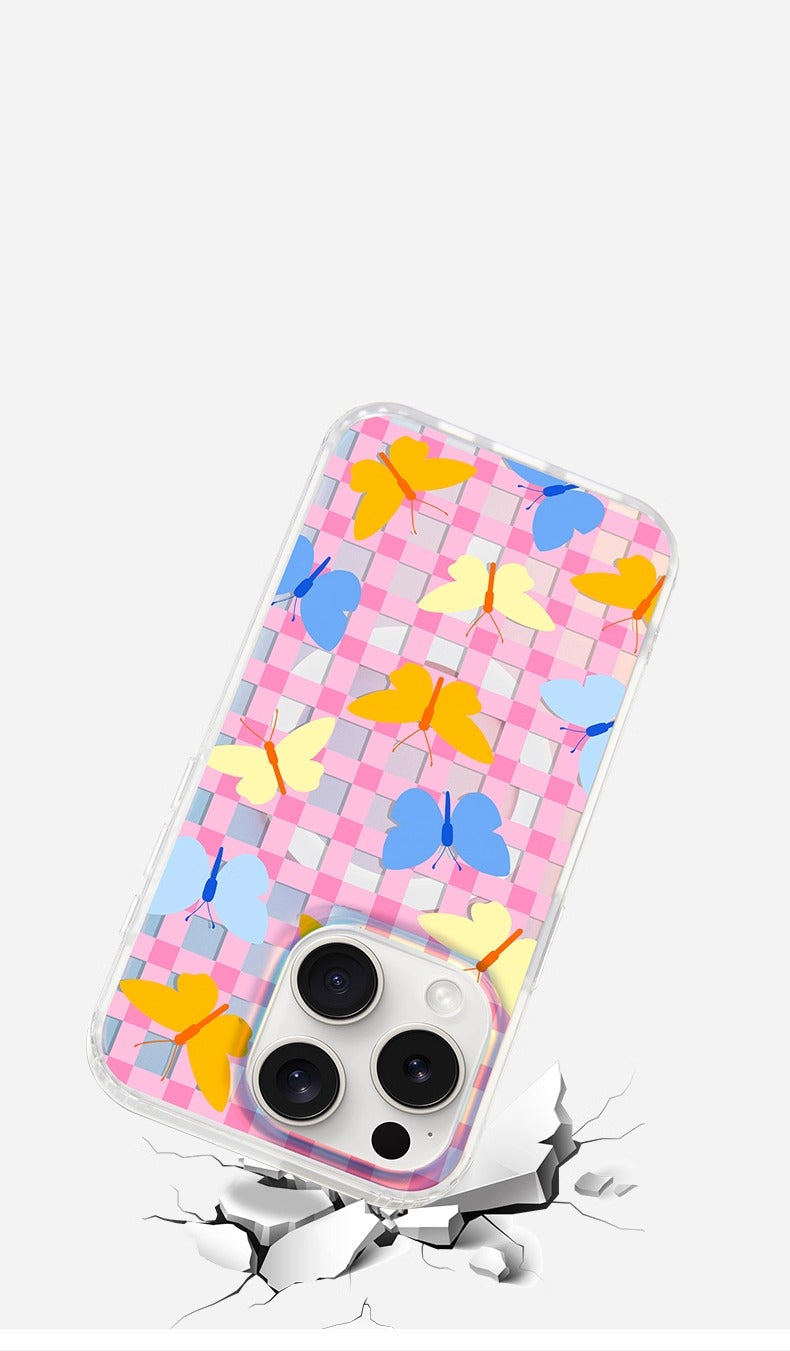 iCraftPro | Magnetic Case with Plaid & Butterflies for iPhone 12-17 Pro Max, Holographic Finish