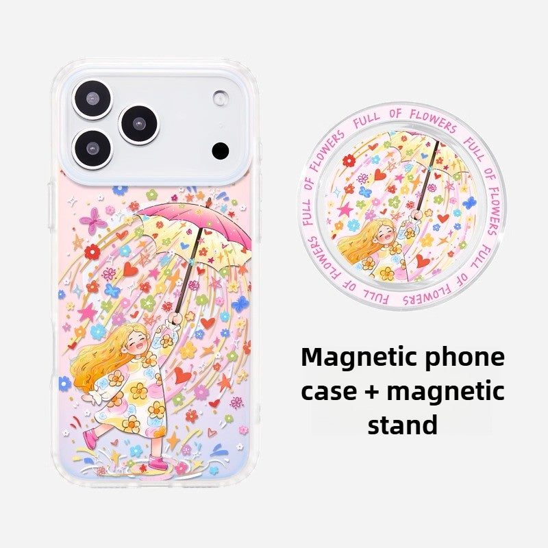 iCraftPro | Magnetic Cartoon Girl Case with Lanyard for iPhone 12-17 Pro Max | Gradient Laser