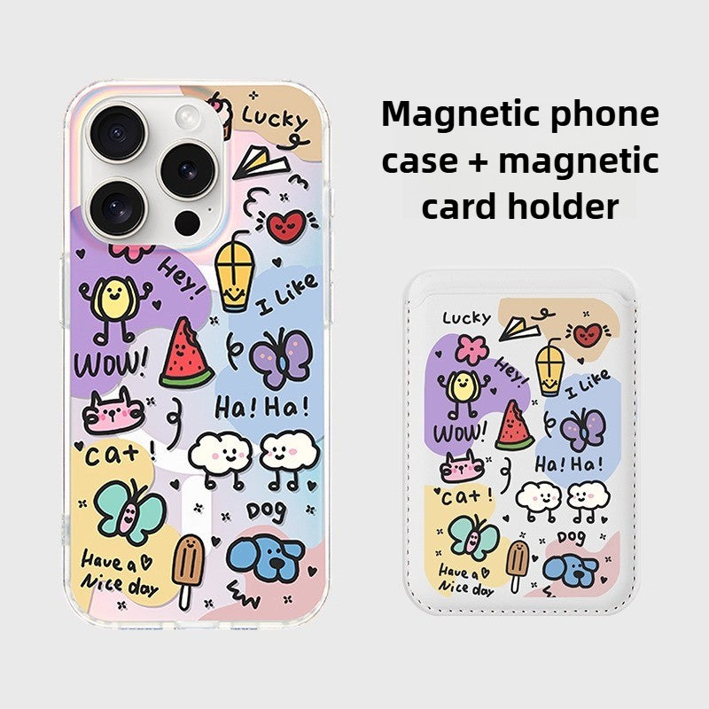 iCraftPro | Holographic Gradient Doodle Case, Creative Cartoon Minimalist Design MagSafe Compatible with iPhone 12 to 17 Pro Max