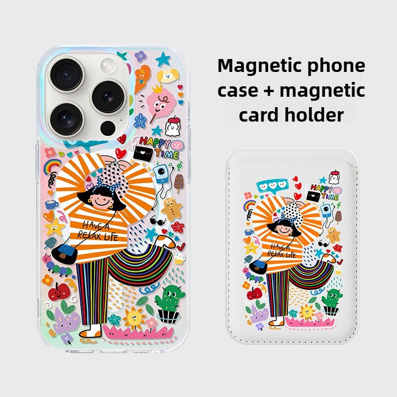 iCraftPro | MagSafe Case with Card Holder - Frosted Holographic & Cartoon for Apple 17ProMax 16Pro 15 14 13 12