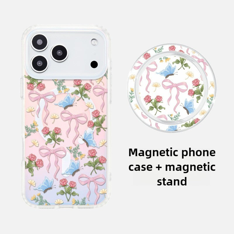 iCraftPro | Vintage Floral Magnetic Case for iPhone 17 Pro Max, Gradient Holographic with Lanyard