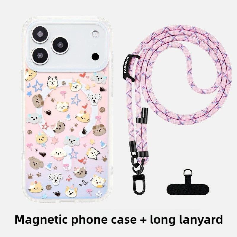 iCraftPro | Magnetic Case for iPhone 12-17 Pro Max, Gradient Holographic Aesthetic with Strap, Cute Pet Design