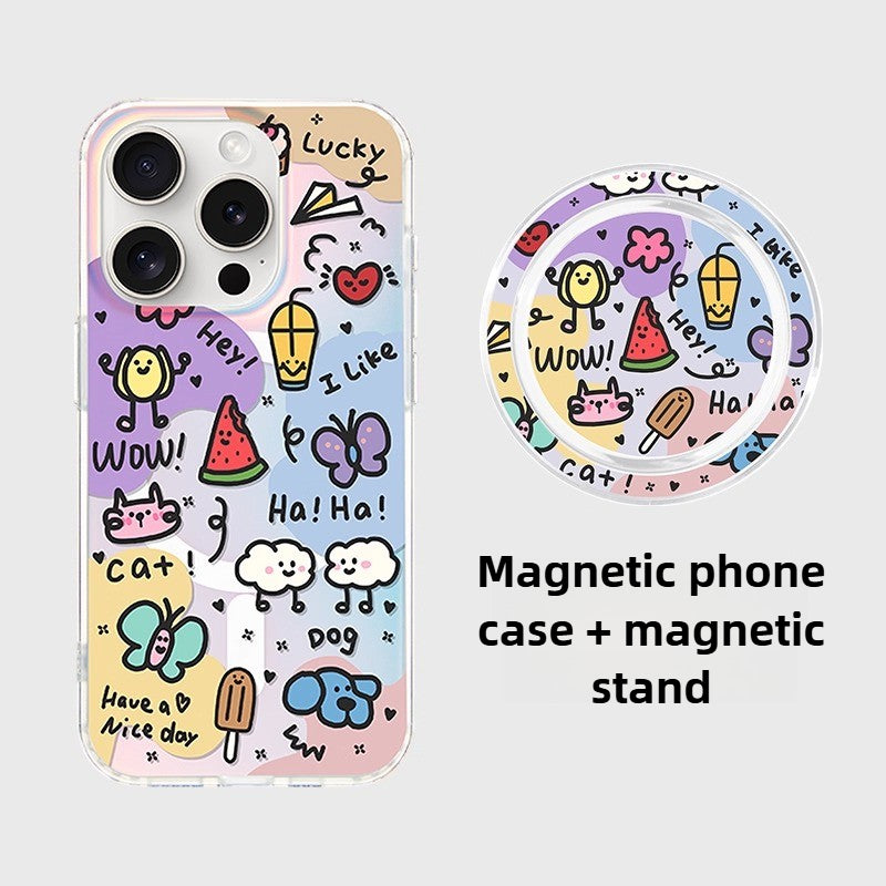 iCraftPro | Holographic Gradient Doodle Case, Creative Cartoon Minimalist Design MagSafe Compatible with iPhone 12 to 17 Pro Max
