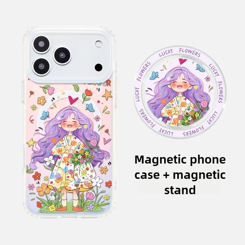 iCraftPro | Magnetic Gradient Holographic Case with Lanyard for iPhone 17 Pro Max - Unique Cartoon Girl Design