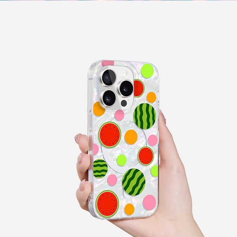 iCraftPro | Elegant MagSafe Case for iPhone 13-17 Pro Max: Pearlescent Waves & Fruit Dots Design