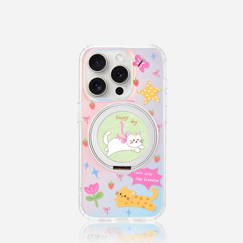 iCraftPro | Magnetic Phone Case with Stand for iPhone 13-17 Pro/Pro Max | Laser Gradient & Cute Cat Design