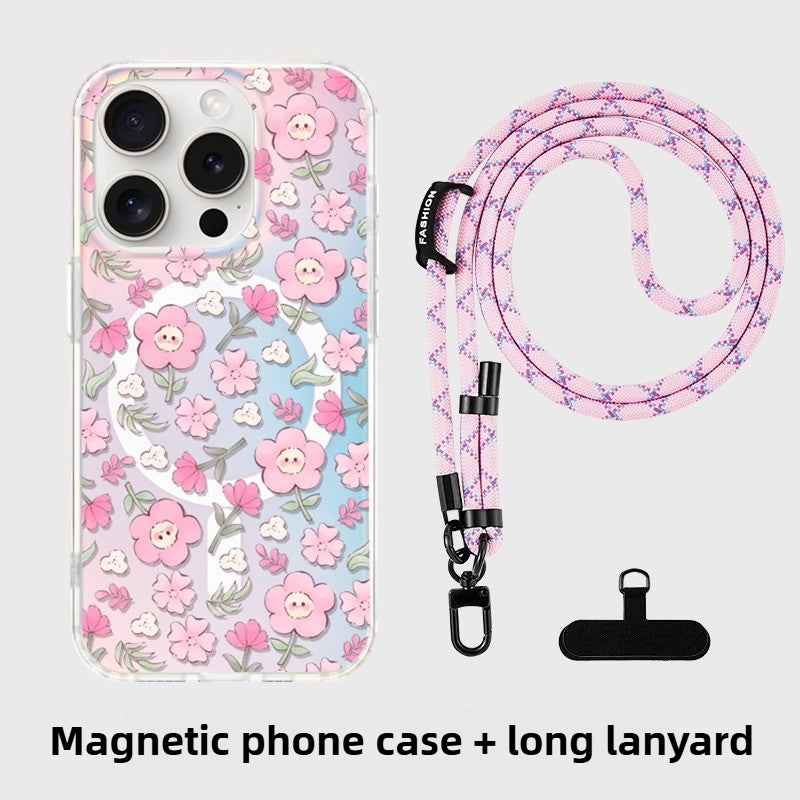 iCraftPro | Applicable to Apple 17promax mobile phone case, new iphone16pro female magnetic gradient laser 15 with lanyard, high-end sense 14, literary and fresh 13, smiling face flower 12 protective case