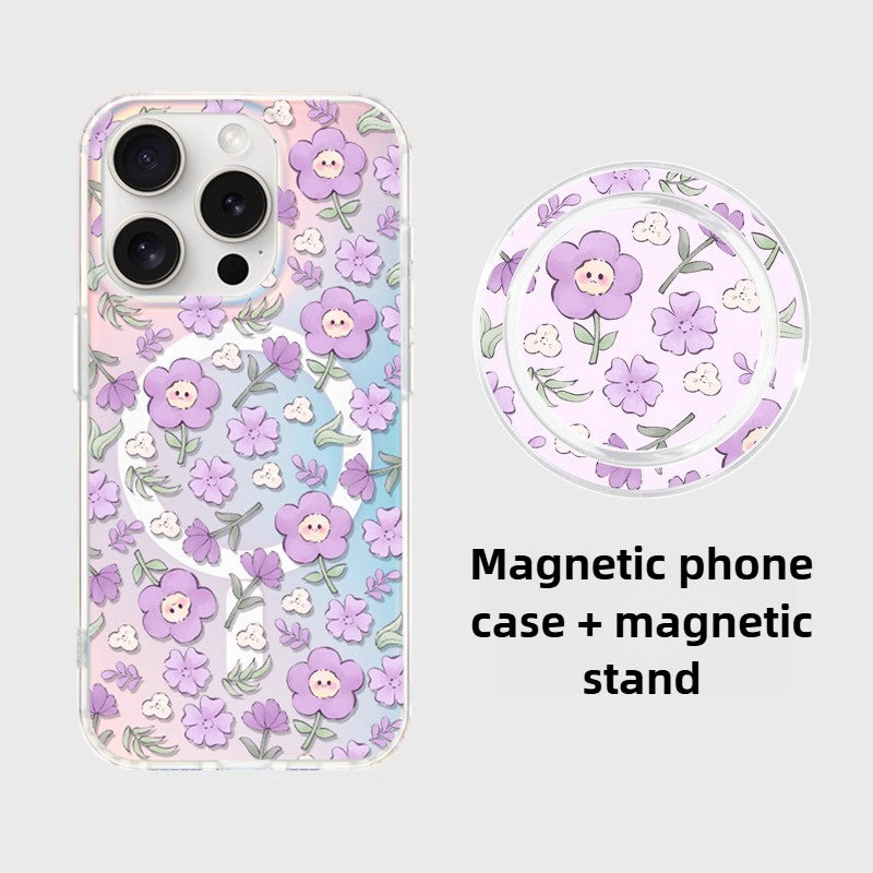 iCraftPro | Drop-Proof Magnetic Case for iPhone 12-17 Pro Max, with Creative Smiling Flower Design, Gradient Holographic Finish and Lanyard.
