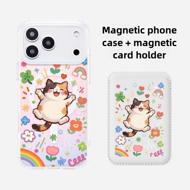 iCraftPro | Dopamine Cartoon Kitty Magnetic Case for iPhone 12-17 Pro Max, Holographic Cover with Lanyard