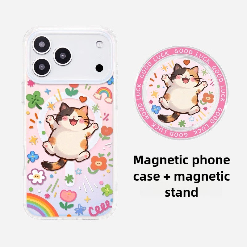 iCraftPro | Dopamine Cartoon Kitty Magnetic Case for iPhone 12-17 Pro Max, Holographic Cover with Lanyard
