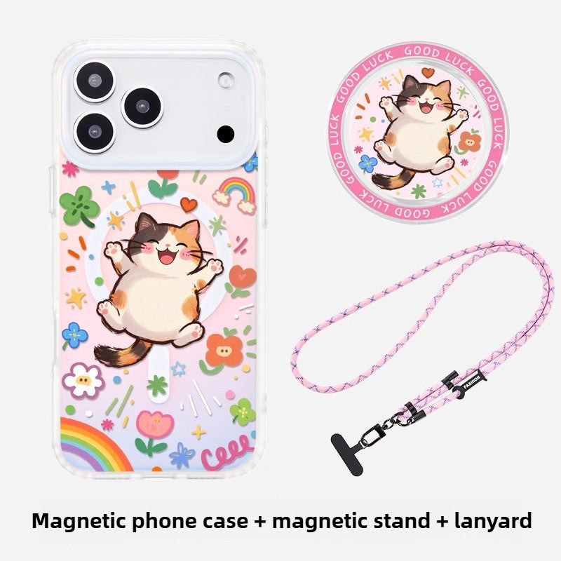 iCraftPro | Dopamine Cartoon Kitty Magnetic Case for iPhone 12-17 Pro Max, Holographic Cover with Lanyard
