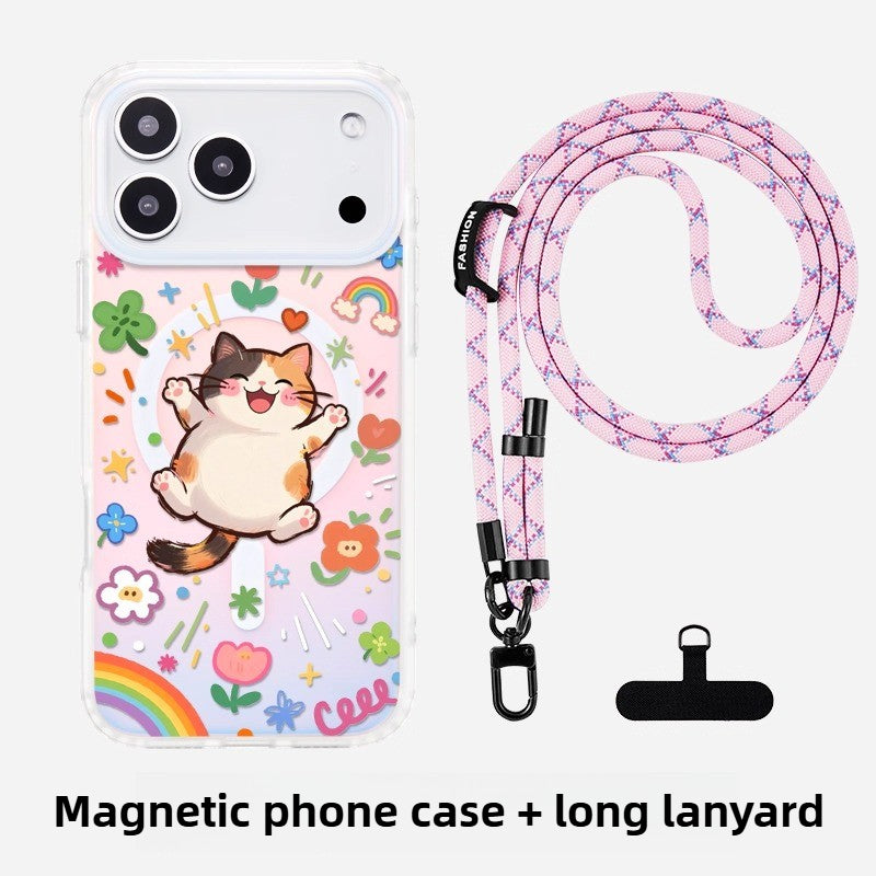 iCraftPro | Dopamine Cartoon Kitty Magnetic Case for iPhone 12-17 Pro Max, Holographic Cover with Lanyard